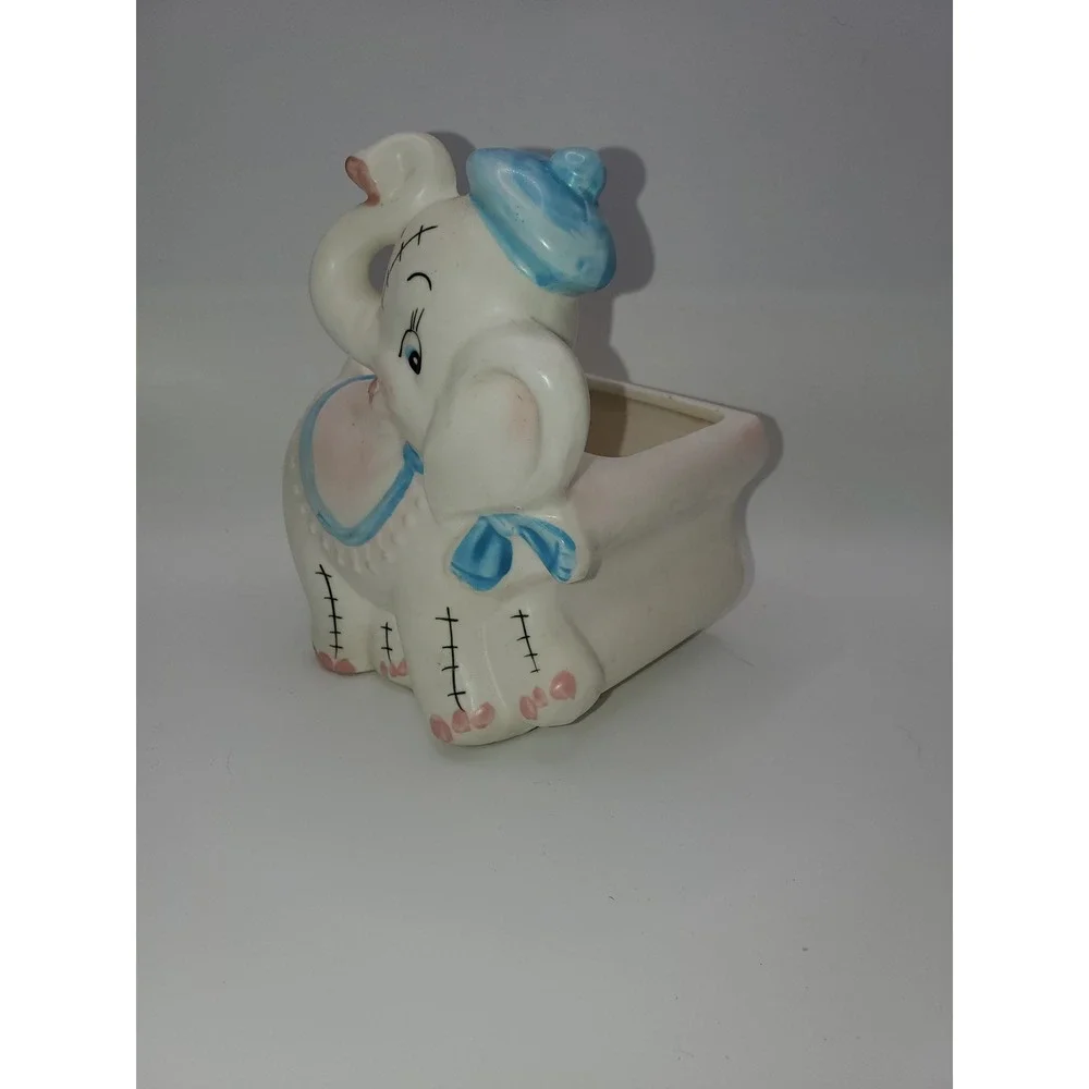 Vintage Ceramic Elephant Planter Blue Sailor Hat Kitsch Nursery Decor 629M